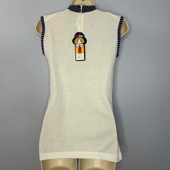 HELEN SUE 70s Vintage Nautical Collar Tie Neck Blouse Sleeveless Deadstock M - Picture 7 of 12